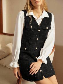 2 件套女士服装套装：闪亮单排扣衬衫和连衣裙，适合春秋季节 - 彩色 - 查看 4