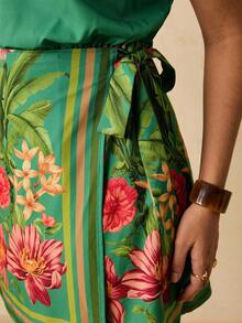 Travachic Plus Size BOHO Asymmetric Asymmetric Neck Waist Tie Wrap Tropical Print Green Mini Dress, Holiday Mini Dress, Autumn - Green - View 7