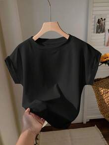 SHEIN EZwear 2pcs Black & Red Round Neck Short Sleeve T-Shirt, Suitable For Summer,Red Top