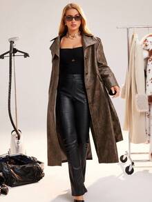 SHEIN Unity Damen Herbst Kragen Langarm Batik PU Leder Lang Trenchcoat