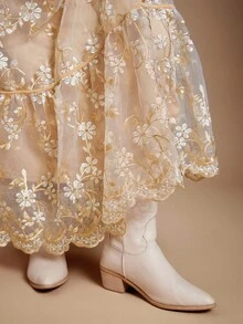 WESTFADE Saia Longa Fluida com Babados, Cintura com Cordão, Bordado Floral em Tule, Uso no Outono, Inverno, Estilo Ocidental para Mulheres, Boho Cowgirl - Branco - Visão 7