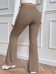 EMERY ROSE 女式休闲日常百搭紧身保暖内衬高腰喇叭裤，松紧腰，黑色，冬季 - 卡其色 - 查看 2