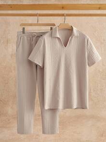 HIMLAND 2pcs/Set Men's Casual Wheat Ear Jacquard Polo Shirt Set Shirt And Pants Set Casual Two Piece Set