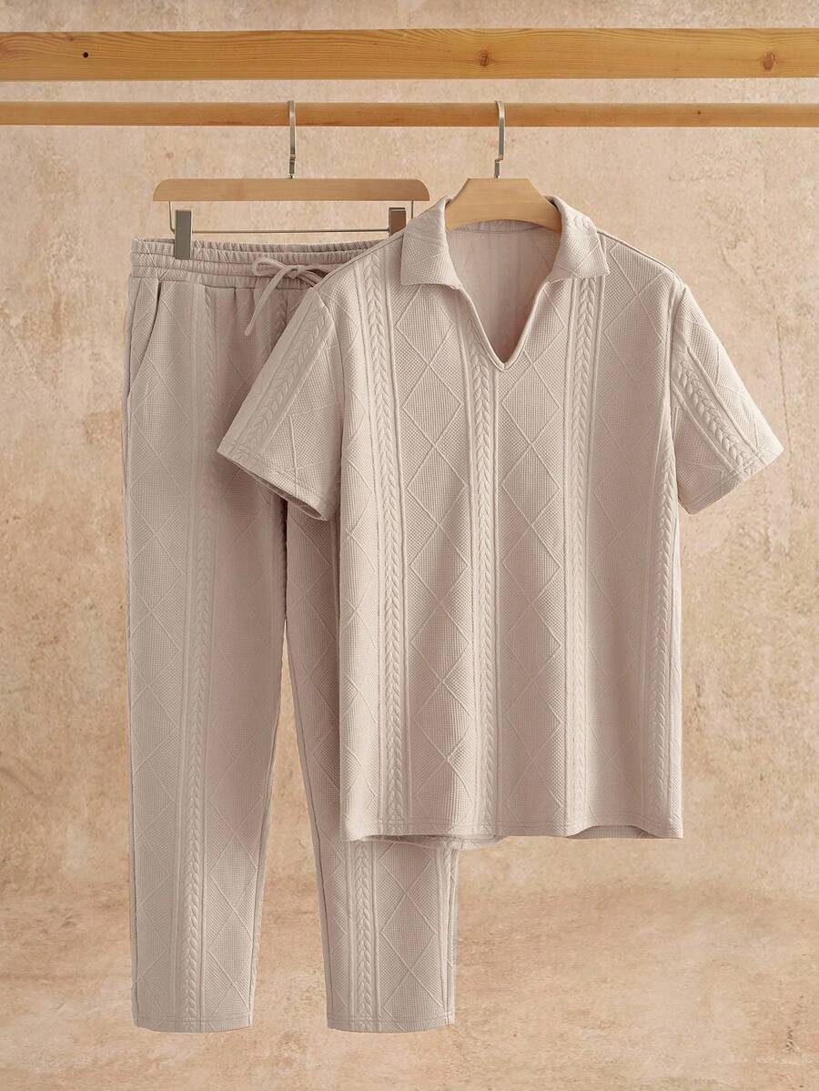 HIMLAND 2pcs/Set Men's Casual Wheat Ear Jacquard Polo Shirt Set Shirt And Pants Set Casual Two Piece Set