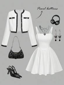 SHEIN MOD 腰部收紧吊带背心连衣裙搭配撞色饰边短夹克 - 黑與白 - 查看 1