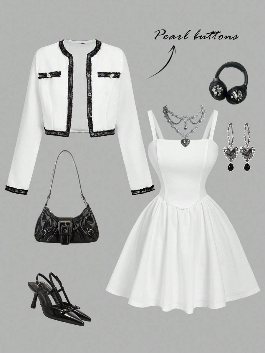 SHEIN MOD 腰部收紧吊带背心连衣裙搭配撞色饰边短夹克 - 黑與白 - 查看 1