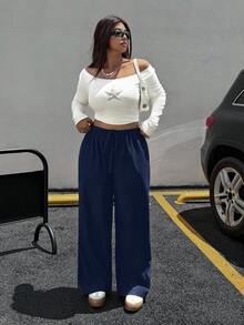 SHEIN EZwear Plus Size Women Solid Color Drawstring Waist Wide Leg Loose Casual Pants, Autumn/Winter - Navy Blue - View 5
