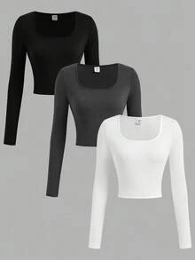 SHEIN Girlism Teen Girls' Casual Solid Color Fitted Long Sleeve T-Shirt, Autumn - Multicolor - View 1