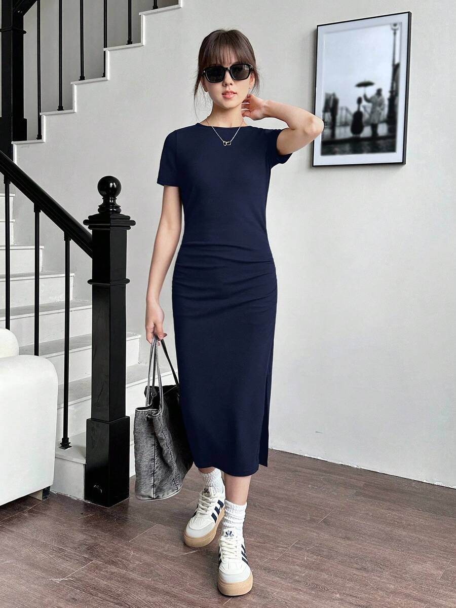 SHEIN Teen Girl Ribbed Waist Ruched Slit Casual Knit Dress - Navy Blue - View 1