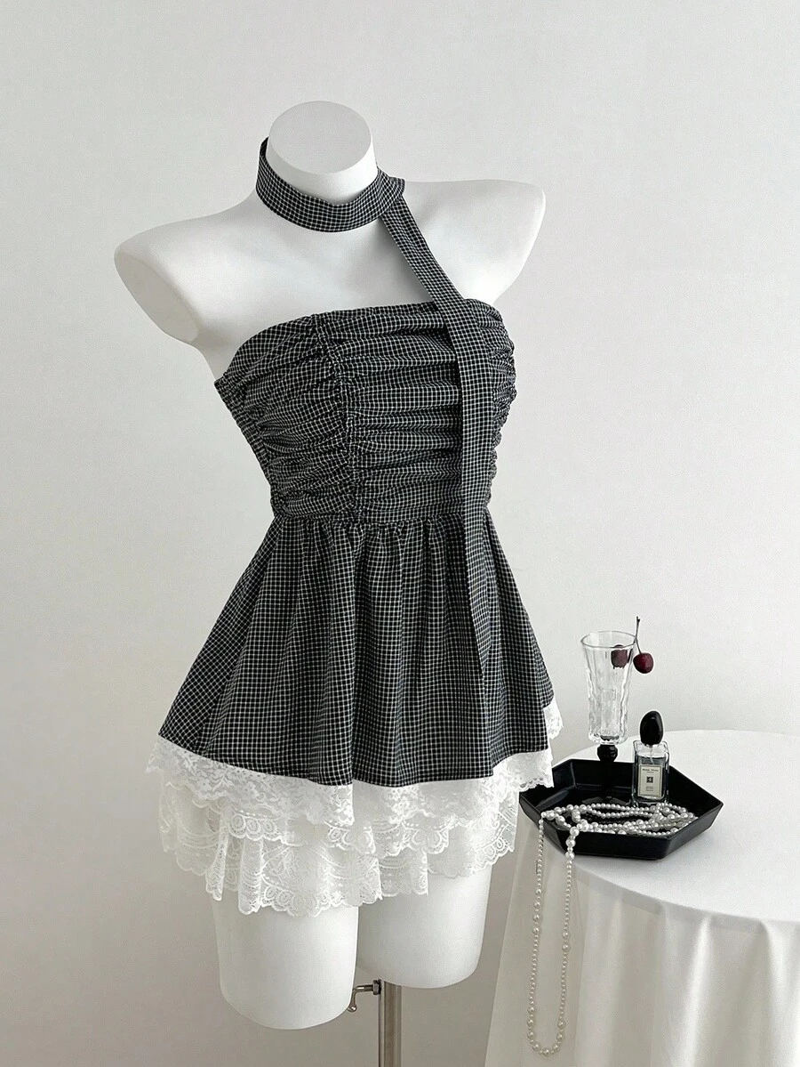 Elamini Áo ống viền ren kèm khăn choàng kẻ caro - màu đen - Xem 1