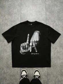 Manfinity EMRG Camiseta negra de manga caída con estampado de logotipo de gesto de mano de Los Ángeles LA para hombres de estilo de calle de - Negro - Ver 1