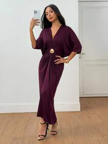 SHEIN PETITE 女式纯色重叠 V 领蝙蝠袖褶皱优雅连衣裙 - 酒紅色 - 查看 6