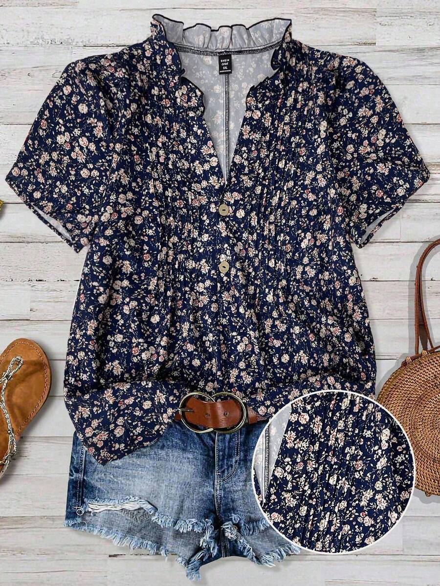 SHEIN CURVE+ 大码女式碎花荷叶边V领短袖休闲衬衫 碎花上衣 夏季休闲上衣 - 藏蓝色 - 查看 1