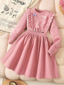 SHEIN Vestido casual de media longitud con dobladillo de volantes dulce para niña preadolescente, otoño/invierno - Rosa - Ver 5