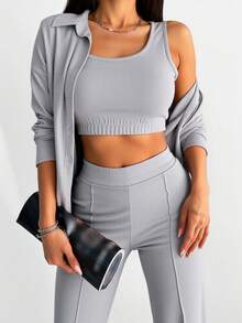 EURMUSE Solid Button Front Shirt & Wide Leg Trousers - Light Grey - View 4