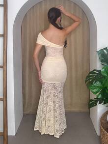 Andrea Bello Elegantes Damen Kleid mit Spitze, asymmetrischem Kragen und einfarbig