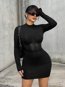SHEIN SXY Plus Size Women's New Arrival Black Stand Collar Waist PU Splice Long Sleeve Bodycon Mini Dress, Autumn/Winter