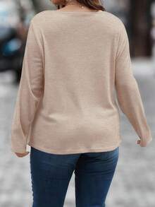 EMERY ROSE Plus Size Women's Solid Color Zip-Up Half Placket Long Sleeve Casual T-Shirt - Camel - View 2