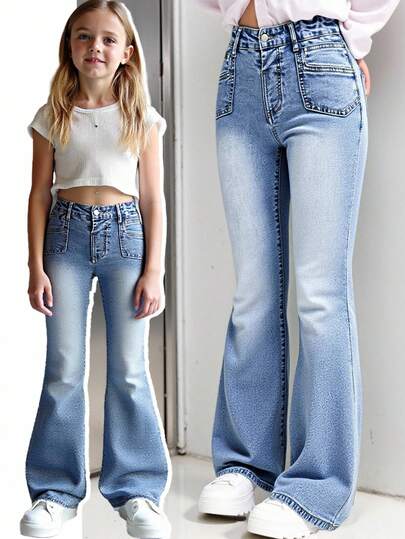 Jeans de mezclilla para niñas preadolescentes, nueva llegada para el otoño de 2025, estilo casual y escolar, color de mezclilla azul claro, pantalones acampanados elásticos y ajustados, tela suave, adecuados para uso diario, la escuela y el transporte, jeans para niñas