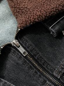 FRIFUL 女式秋季落肩羊羔绒领拉链休闲宽松牛仔夹克 - 黑色 - 查看 7
