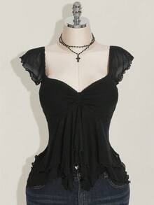 SHEIN ICON 大码女式褶皱前片修身性感网纱拼接荷叶袖露背休闲度假短款背心，秋季返校季 - 黑色 - 查看 4