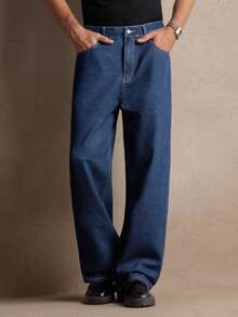 AKNOTIC 男士深蓝色梭织中腰直筒休闲牛仔裤，适合日常穿着、夏季、度假、派对、男士礼物、通勤 - 中等水洗藍 - 查看 4