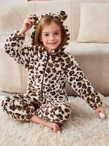 SHEIN 年轻女孩针织连帽豹纹连体裤，休闲家居服 - 卡其色 - 查看 1