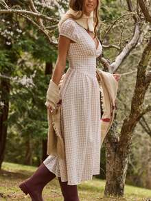 Aralina 秋冬 V 领交叉盖袖格子印花棕色方格低腰中长连衣裙，适合毕业礼服或斯德哥尔摩风格乡村风格女士连衣裙 - 彩色 - 查看 5