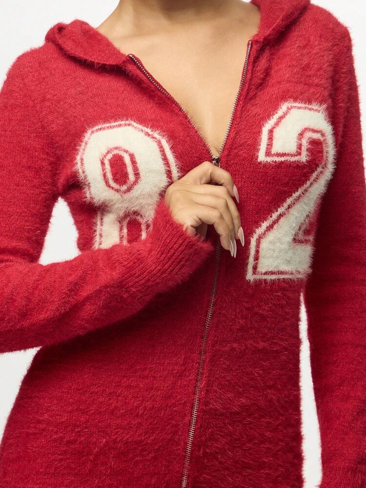 SUMWON WOMEN Fluffy Knit Hooded Dress With Varsity Numbers