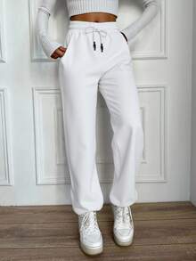 SHEIN Cottnline Solid Drawstring Waist Sweatpants - White - View 5