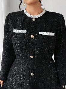 Elenzga Đầm dài tay cài nút phía trước dáng rộng màu đen thanh lịch, ôm sát, viền xếp nếp - màu đen - Xem 7