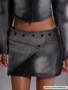 MUSERA Low Rise Foldover Studded Washed Denim Micro Mini Skirt Only Sexy Going Out Winter Elegant Dystopian Winter   Chic - Grey - View 1