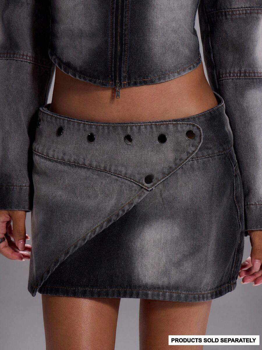 MUSERA Low Rise Foldover Studded Washed Denim Micro Mini Skirt Only Sexy Going Out Winter Elegant Dystopian Winter   Chic - Grey - View 1