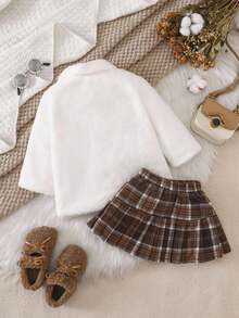 SHEIN 2 件套女婴冬季新款服装，毛茸茸长袖开衫外套，棕色格子百褶裙，甜美时尚休闲保暖套装 - 彩色 - 查看 2