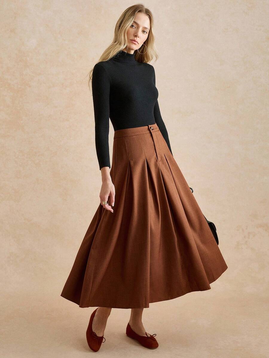 Écloséra 法式复古秋季棕色半身裙 新款秋冬高腰百褶半长小香水风女裙 女士秋季服装 秋季外出搭配女裙 - 棕色 - 查看 1