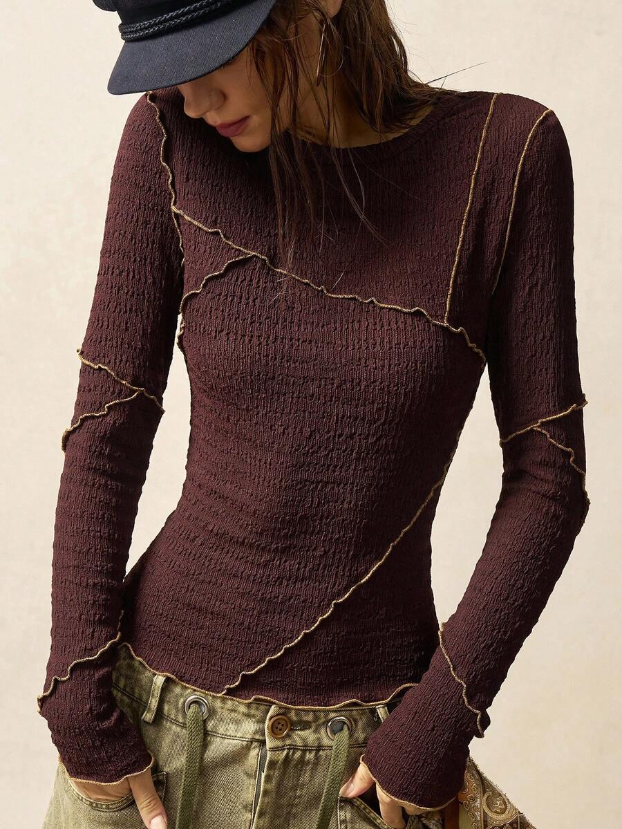 Bohemela Camiseta de manga larga de punto de cuello redondo ajustada de unicolor casual para mujer, otoño - Negro - Ver 1