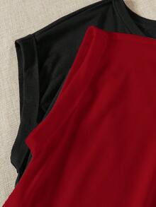 SHEIN EZwear 2pcs Black & Red Round Neck Short Sleeve T-Shirt, Suitable For Summer,Red Top