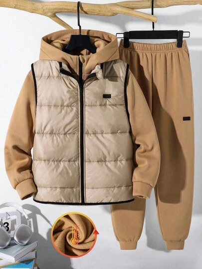 SHEIN Conjunto de 3 piezas para niños/preadolescentes: chaleco con cremallera y cuello grueso, sudadera holgada con capucha acolchada y pantalones jogger holgados para uso casual y versátil