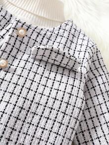 SHEIN Elladie kids 年轻女孩时尚黑白格子假口袋长袖外套，搭配宽松舒适的裤子，秋冬装扮 - 白色 - 查看 4