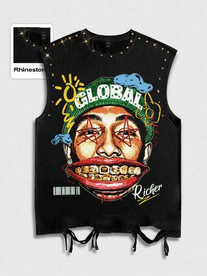 Street Life Camiseta de tirantes con estampado de boca grande y efecto desgastado, estilo de los años 2000 para hombre