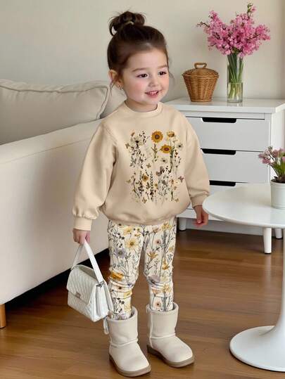 SHEIN 2 件套可爱甜美女婴休闲花卉印花针织柔软圆领长袖运动衫和紧身裤套装，适合秋冬季，舒适时尚，非常适合返校、户外、摄影、居家、校园、节日、礼物
