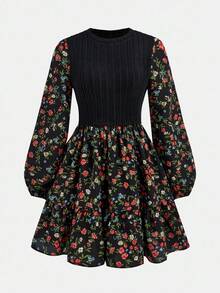 SHEIN 复古花卉拼布腰部 A 字长袖连衣裙，优雅休闲乡村风格，适合少女 - 黑色 - 查看 5