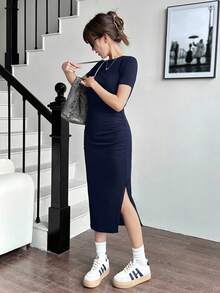 SHEIN Teen Girl Ribbed Waist Ruched Slit Casual Knit Dress - Navy Blue - View 5