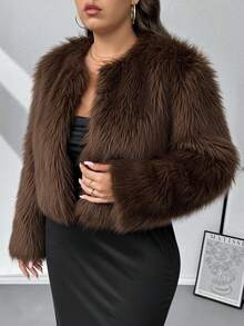 SHEIN Privé Plus Size Women Winter Solid Color Long Sleeve Fashionable Faux Fur Collar-Less Jacket Brown Jacket Women Faux Fur Coat Fur Jacket Crop Jacket, Brown For Women