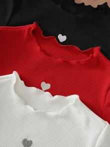 SHEIN LMoss Kids LMoss 3pcs/Set Baby Girls' Cute Knitted Heart Pattern Ruffled Hem Tops, Autumn/Winter - Multicolor - View 3