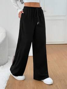 SHEIN PETITE 2-Way 羊毛女式抽绳腰直筒宽松休闲裤 - 黑色 - 查看 6