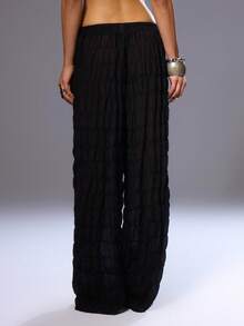 MUSERA Ruched Textured Straight Leg Trousers Summer 90's Boho, Elegant, Holiday , , Winter, Back To School Winter - Black - View 2