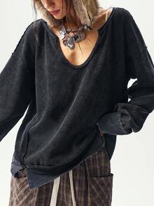 Bohemela Moletom Feminino Casual de Cor Sólida, Decote em V, Manga Longa, Caimento Solto, Roupas de Outono e Inverno para Mulheres - Preto - Visão 3