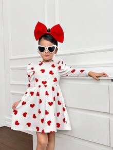 SHEIN Nova Glow Young Girl Valentine's Day Heart Print Round Neck Long Sleeve Casual Dress - Red and White - View 2