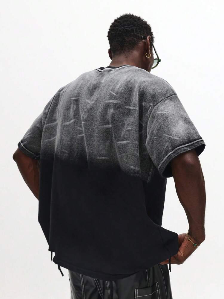 Distressed Gradient T-Shirt With Drop Shoulder Design